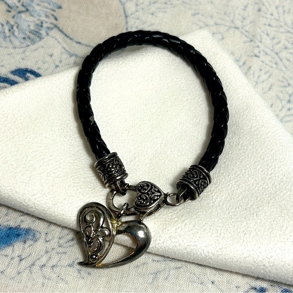 Brighton Jewelry - Brighton Braided Black Leather Cord Bracelet Heart Charm Silver Plated Vintage